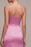 Fuchsia Ruched Satin Pencil Midi Wedding Guest Dress with Slit