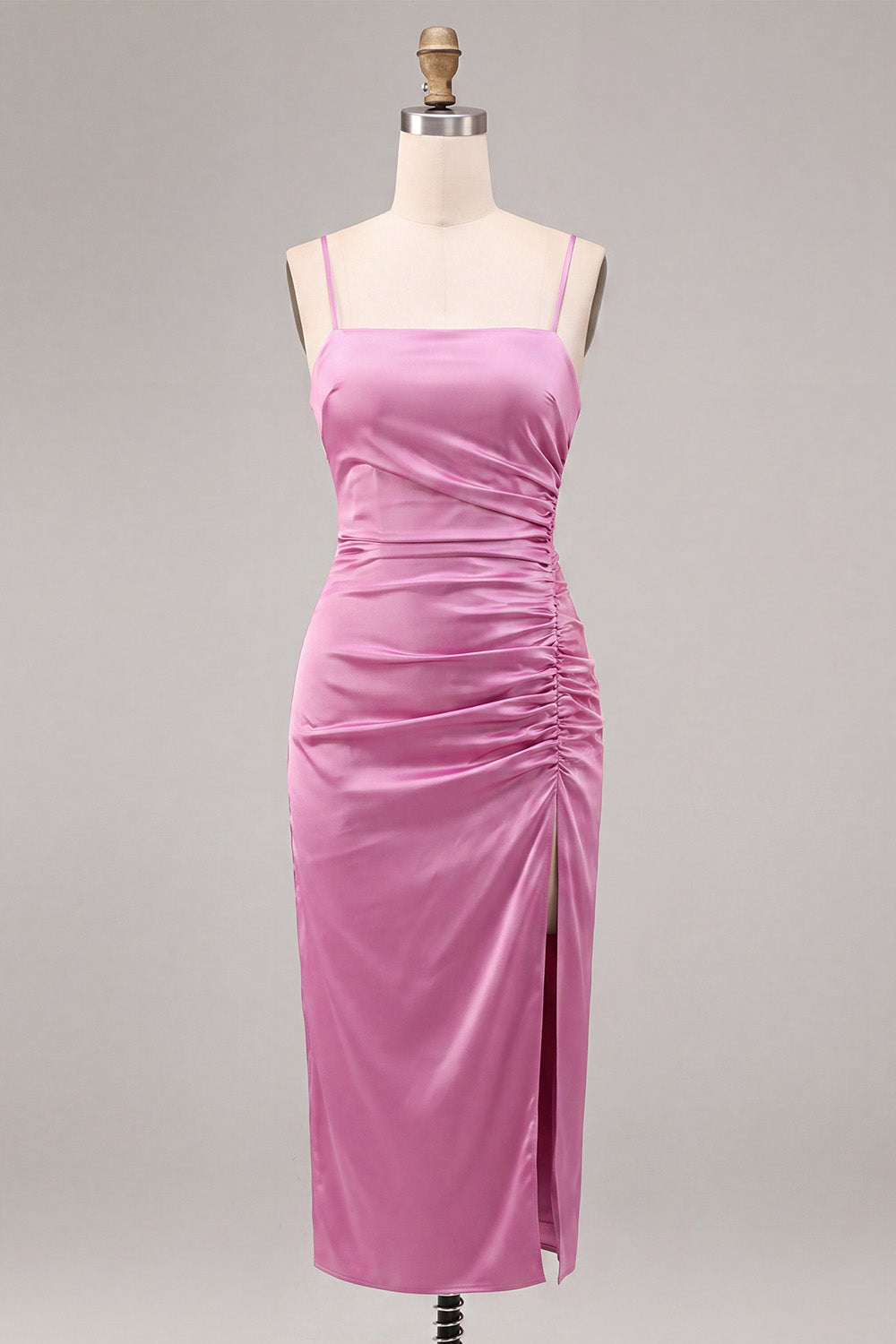 Fuchsia Ruched Satin Pencil Midi Wedding Guest Dress with Slit