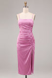 Fuchsia Ruched Satin Pencil Midi Wedding Guest Dress with Slit
