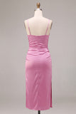 Fuchsia Ruched Satin Pencil Midi Wedding Guest Dress with Slit