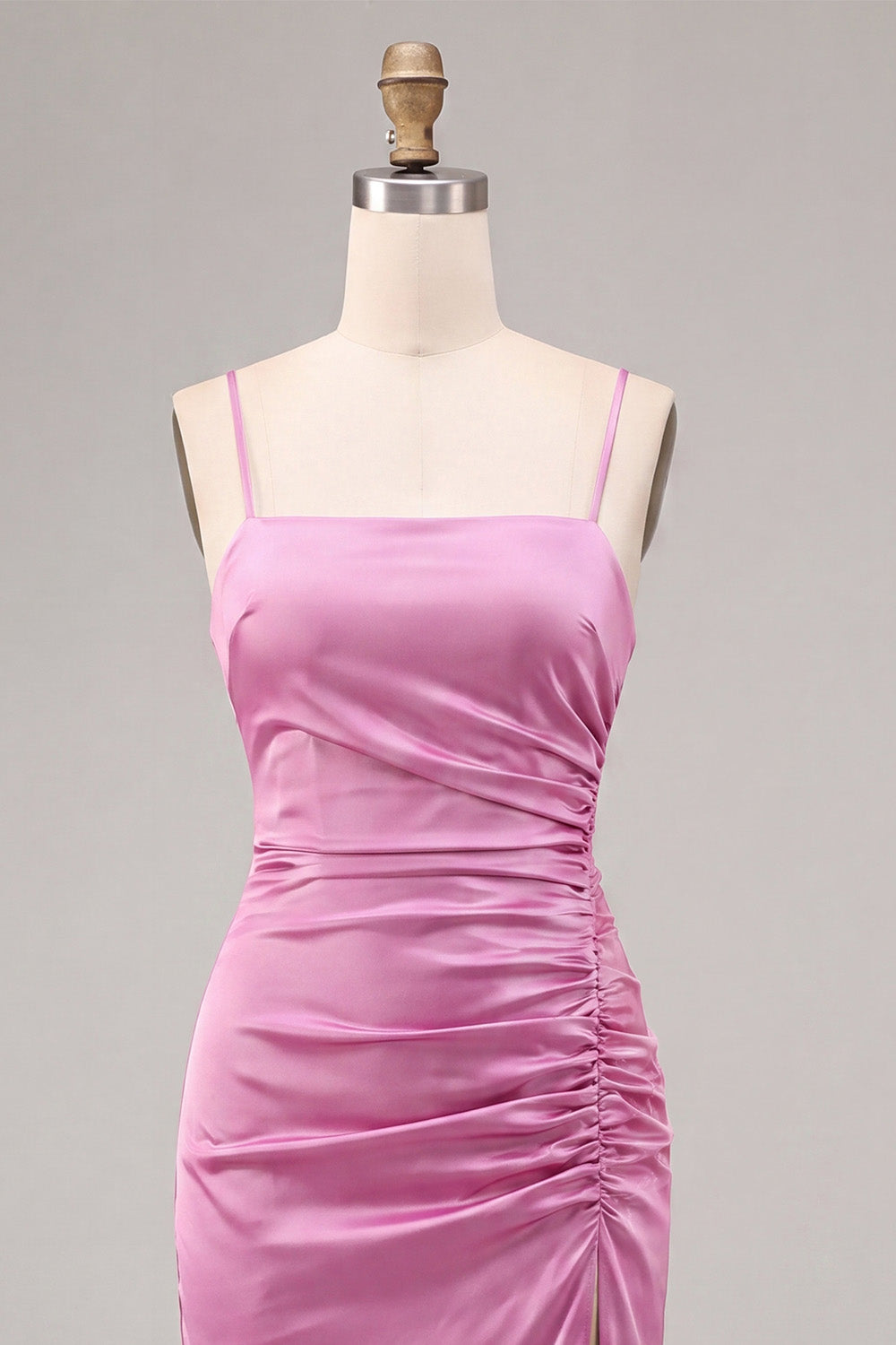 Fuchsia Ruched Satin Pencil Midi Wedding Guest Dress with Slit