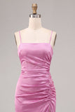 Fuchsia Ruched Satin Pencil Midi Wedding Guest Dress with Slit