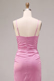 Fuchsia Ruched Satin Pencil Midi Wedding Guest Dress with Slit