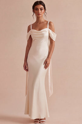 Zapakasa Women Light Champagne Ruched Satin Long Wedding Guest Dress Mermaid Cold Shoulder Formal Dress with Sash