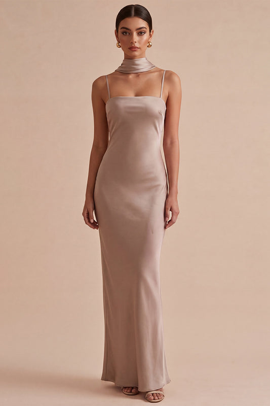 Dusty Rose Satin Mermaid Long Wedding Guest Dress with Neck Scarf