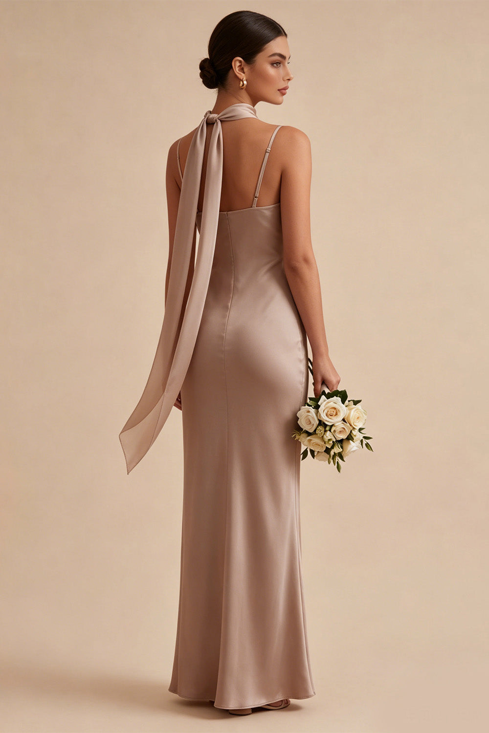 Dusty Rose Satin Mermaid Long Wedding Guest Dress with Neck Scarf