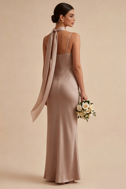 Dusty Rose Satin Mermaid Long Wedding Guest Dress with Neck Scarf