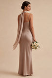 Dusty Rose Satin Mermaid Long Wedding Guest Dress with Neck Scarf