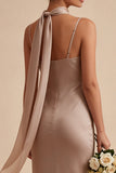 Dusty Rose Satin Mermaid Long Wedding Guest Dress with Neck Scarf