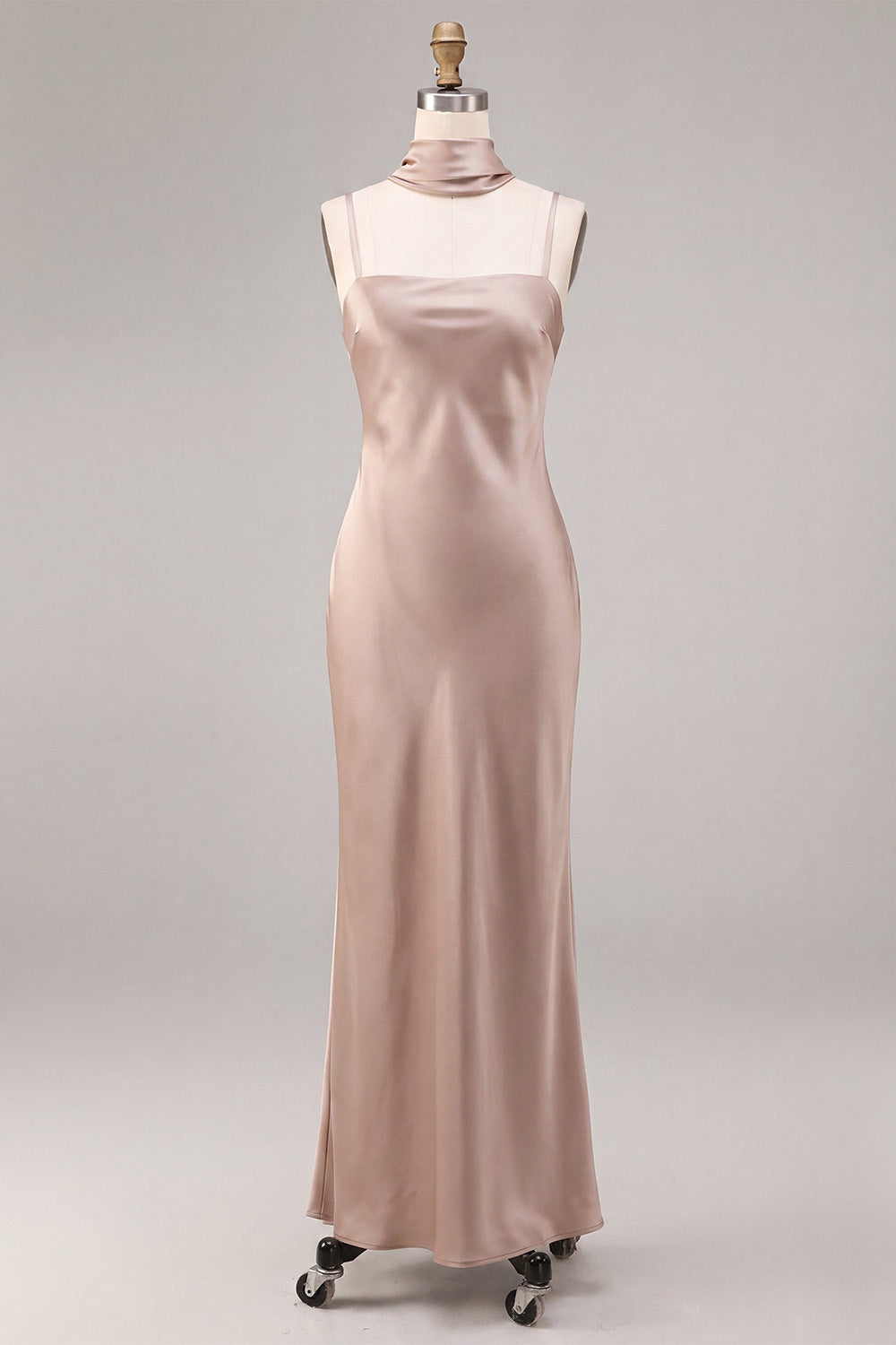 Dusty Rose Satin Mermaid Long Wedding Guest Dress with Neck Scarf