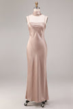 Dusty Rose Satin Mermaid Long Wedding Guest Dress with Neck Scarf