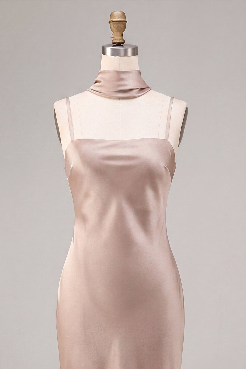 Dusty Rose Satin Mermaid Long Wedding Guest Dress with Neck Scarf