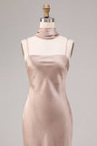 Dusty Rose Satin Mermaid Long Wedding Guest Dress with Neck Scarf