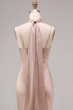 Dusty Rose Satin Mermaid Long Wedding Guest Dress with Neck Scarf