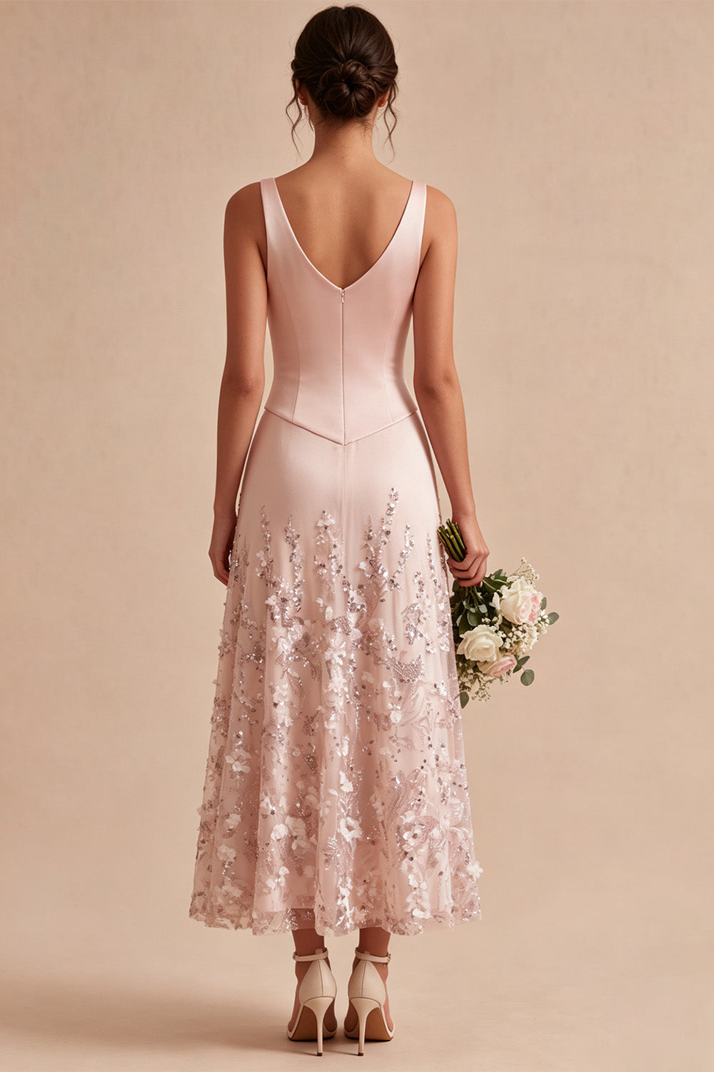 Sparkly Floral Pink Beaded A-Line Maxi Wedding Guest Dress