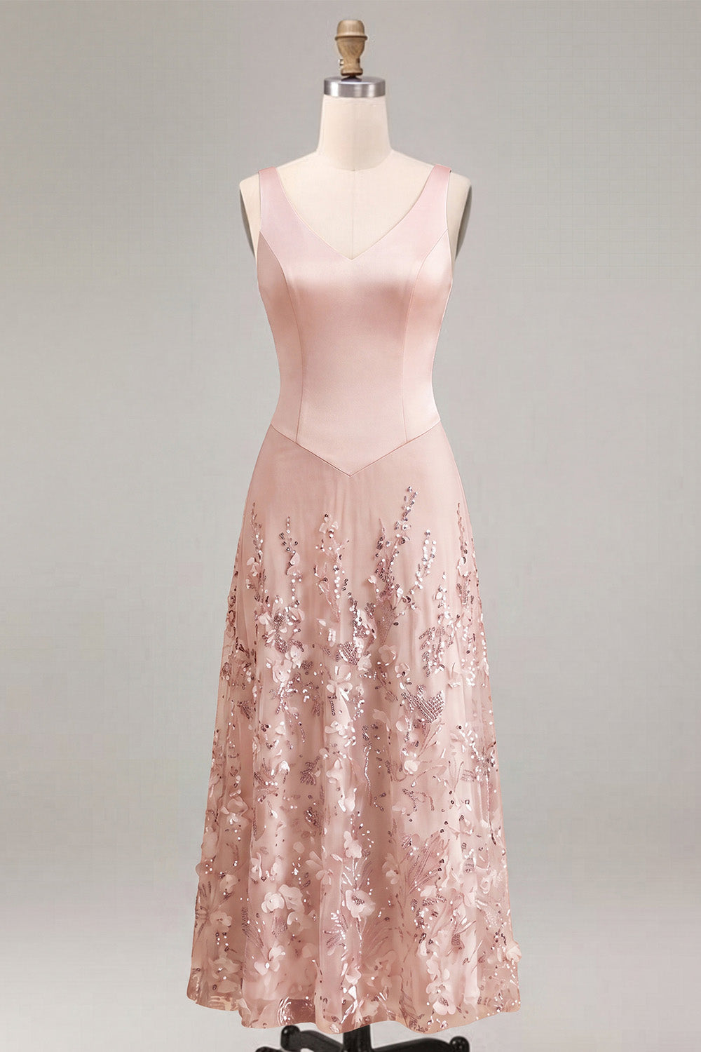 Sparkly Floral Pink Beaded A-Line Maxi Wedding Guest Dress