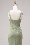 Floral Light Green Ruched Mermaid Maxi Wedding Guest Dress