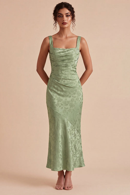 Floral Light Green Ruched Mermaid Maxi Wedding Guest Dress