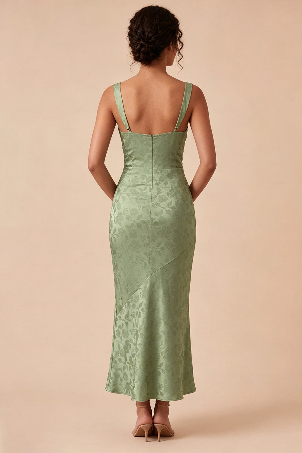 Floral Light Green Ruched Mermaid Maxi Wedding Guest Dress