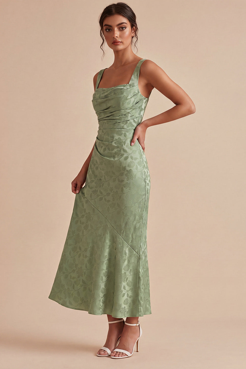 Floral Light Green Ruched Mermaid Maxi Wedding Guest Dress