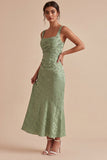 Floral Light Green Ruched Mermaid Maxi Wedding Guest Dress