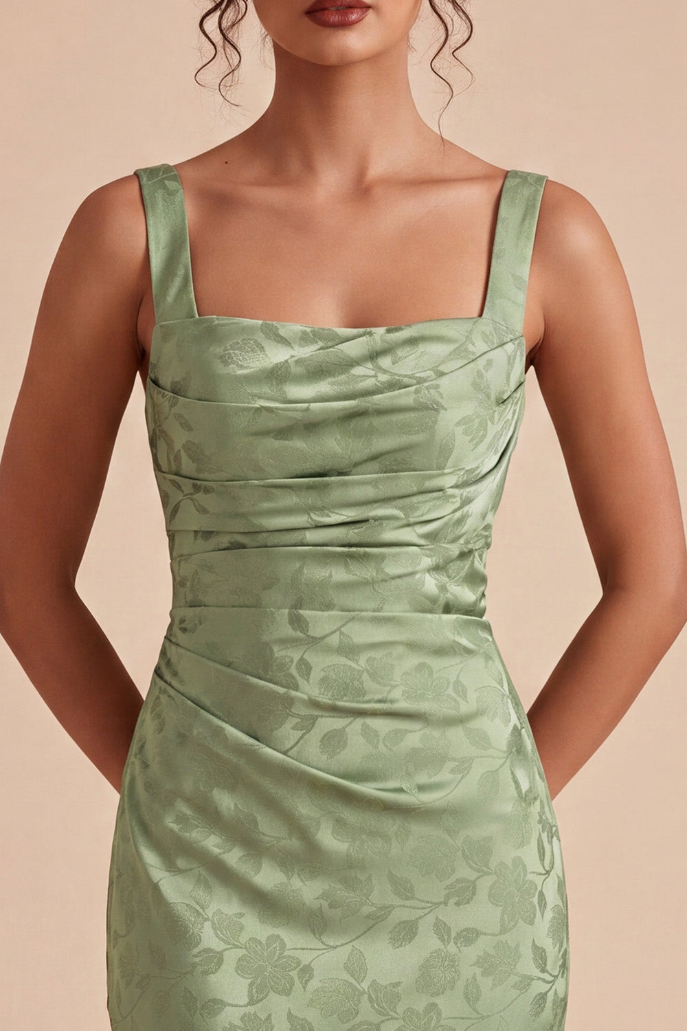 Floral Light Green Ruched Mermaid Maxi Wedding Guest Dress