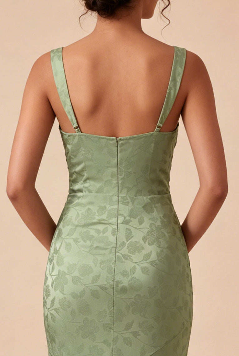 Floral Light Green Ruched Mermaid Maxi Wedding Guest Dress