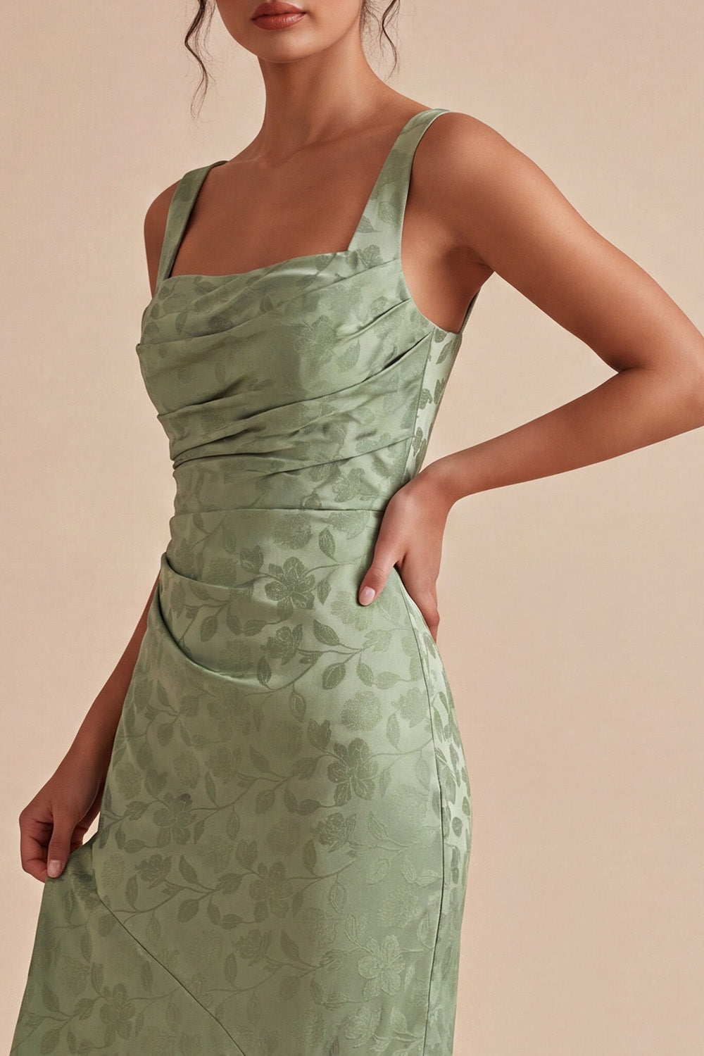Floral Light Green Ruched Mermaid Maxi Wedding Guest Dress