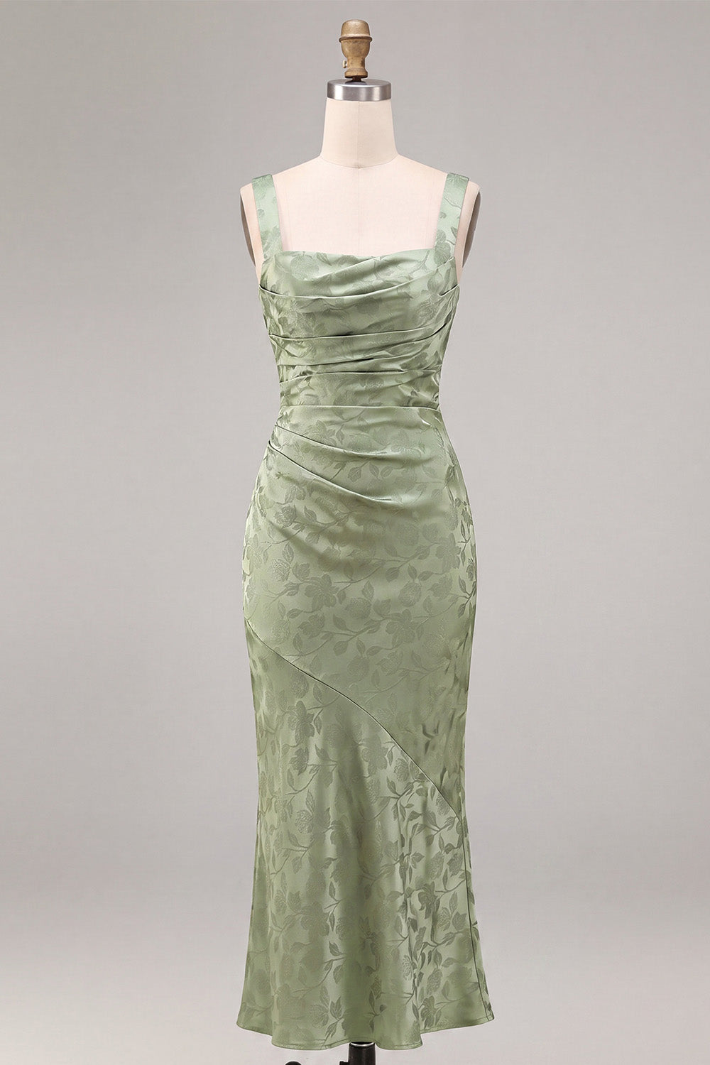 Floral Light Green Ruched Mermaid Maxi Wedding Guest Dress