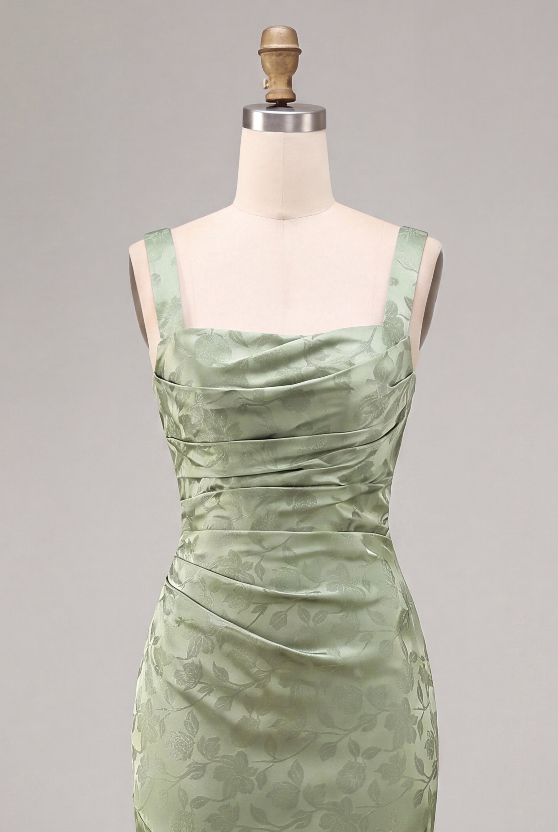 Floral Light Green Ruched Mermaid Maxi Wedding Guest Dress
