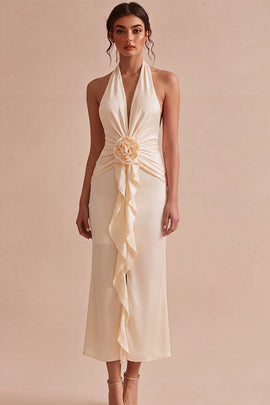 Apricot Ruffled Ruched Maxi Wedding Guest Dress with 3D Flower
