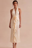 Apricot Ruffled Ruched Maxi Wedding Guest Dress with 3D Flower