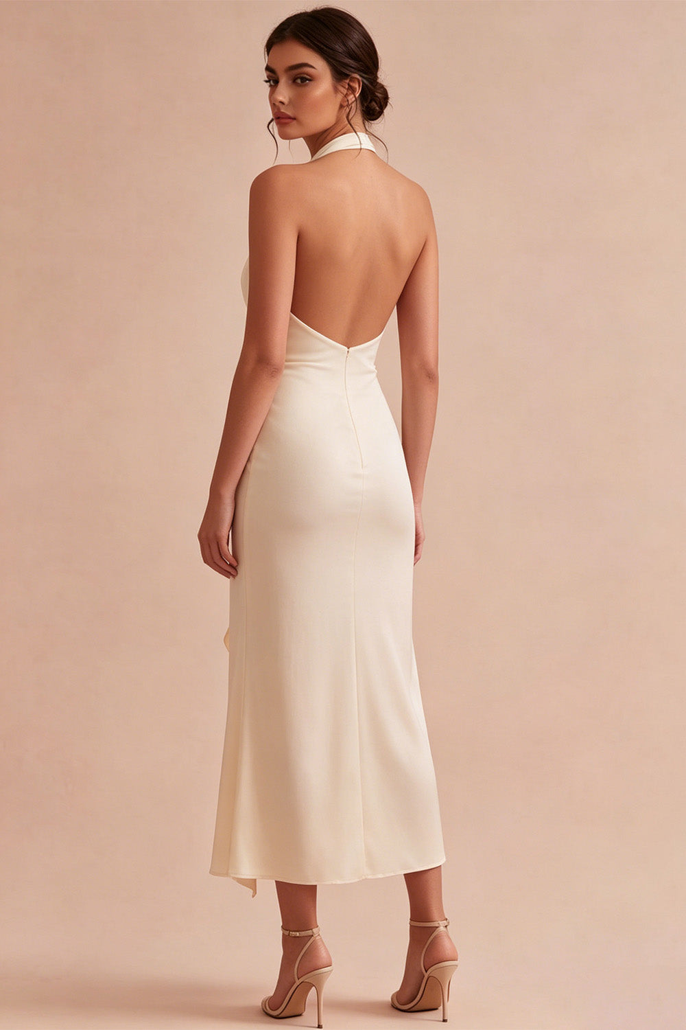 Apricot Ruffled Ruched Maxi Wedding Guest Dress with 3D Flower