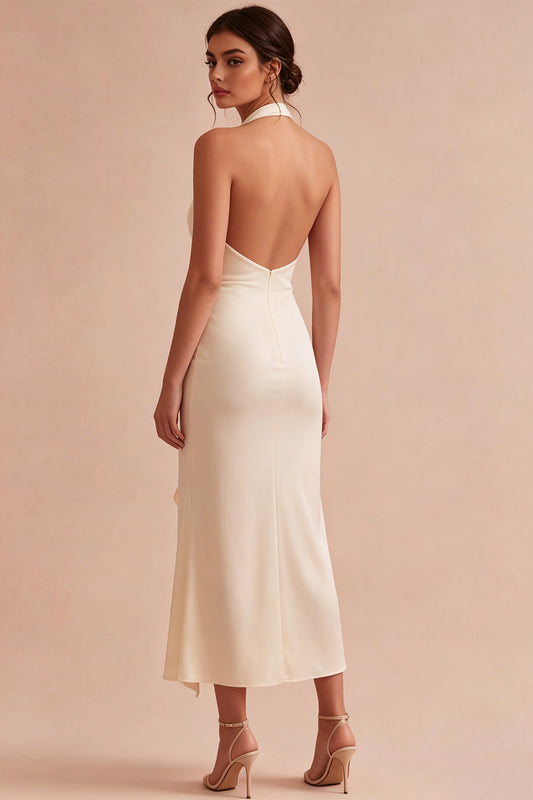 Apricot Ruffled Ruched Maxi Wedding Guest Dress with 3D Flower
