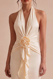Apricot Ruffled Ruched Maxi Wedding Guest Dress with 3D Flower