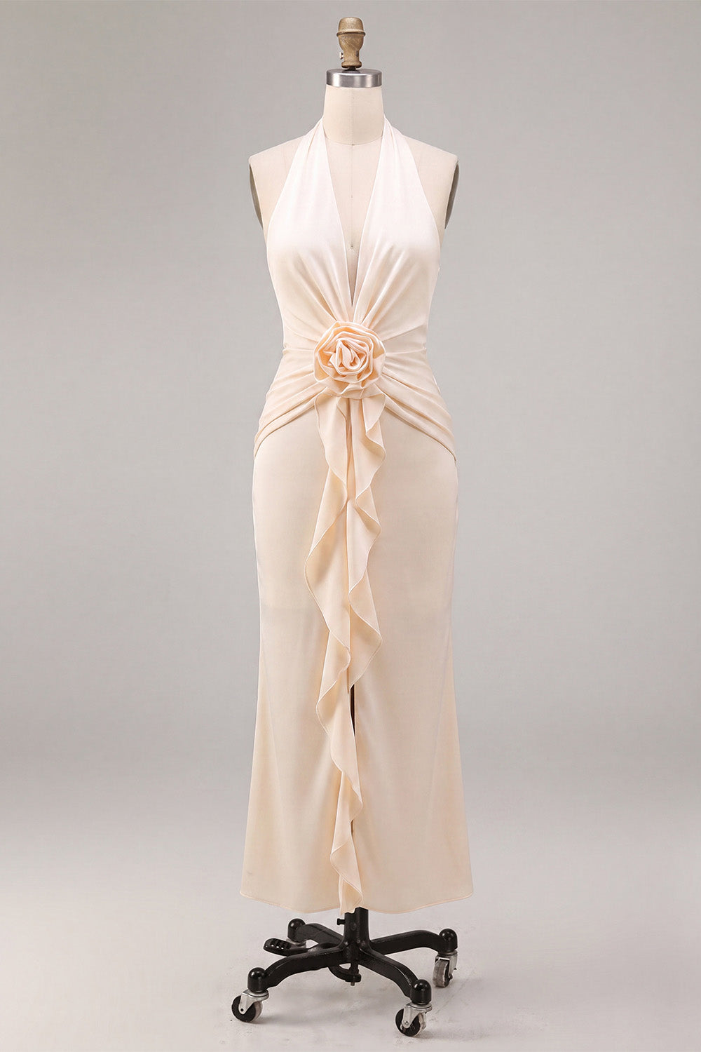 Apricot Ruffled Ruched Maxi Wedding Guest Dress with 3D Flower