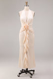 Apricot Ruffled Ruched Maxi Wedding Guest Dress with 3D Flower
