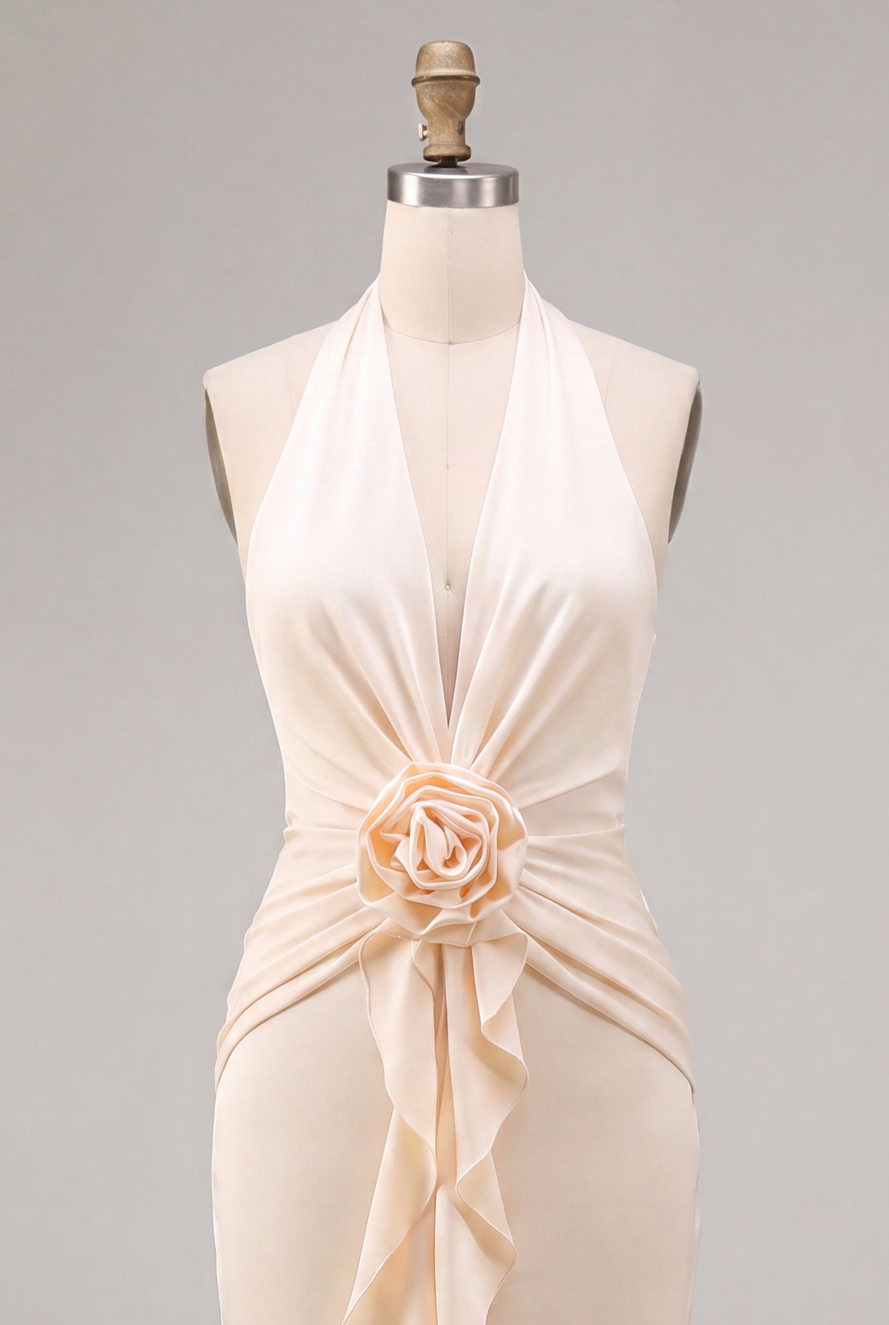 Apricot Ruffled Ruched Maxi Wedding Guest Dress with 3D Flower