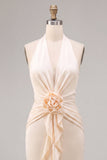 Apricot Ruffled Ruched Maxi Wedding Guest Dress with 3D Flower