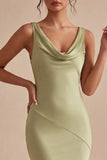 Light Green Satin Cowl Neck Mermaid Maxi Wedding Guest Dress