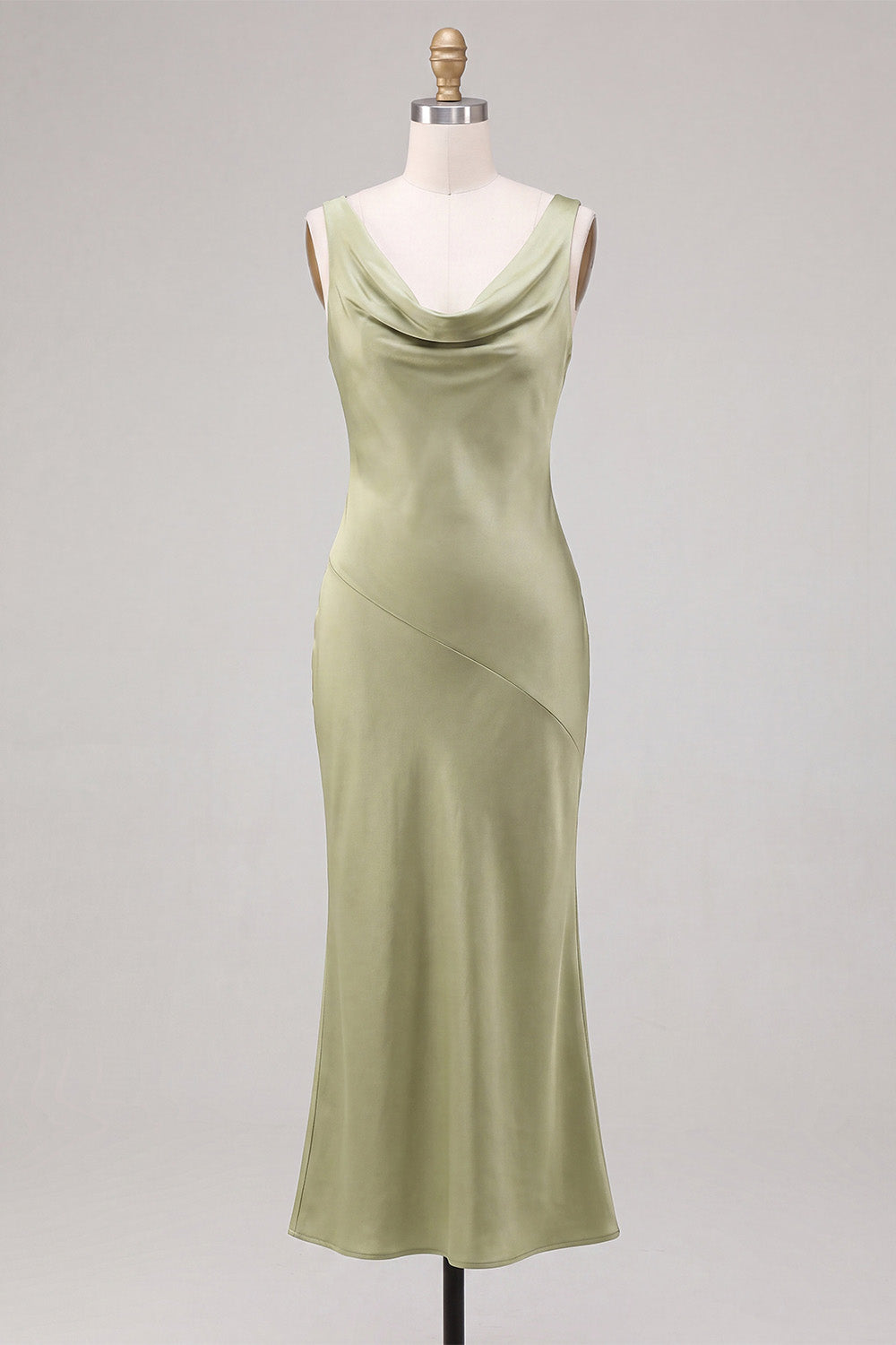 Light Green Satin Cowl Neck Mermaid Maxi Wedding Guest Dress