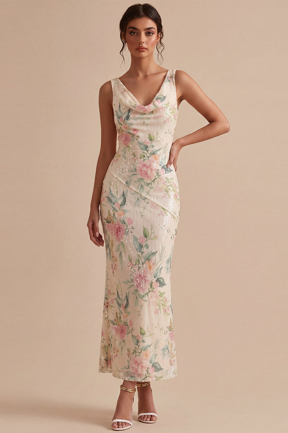 White Pink Flower Sequin Mermaid Long Wedding Guest Dress