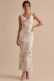 White Pink Flower Sequin Mermaid Long Wedding Guest Dress