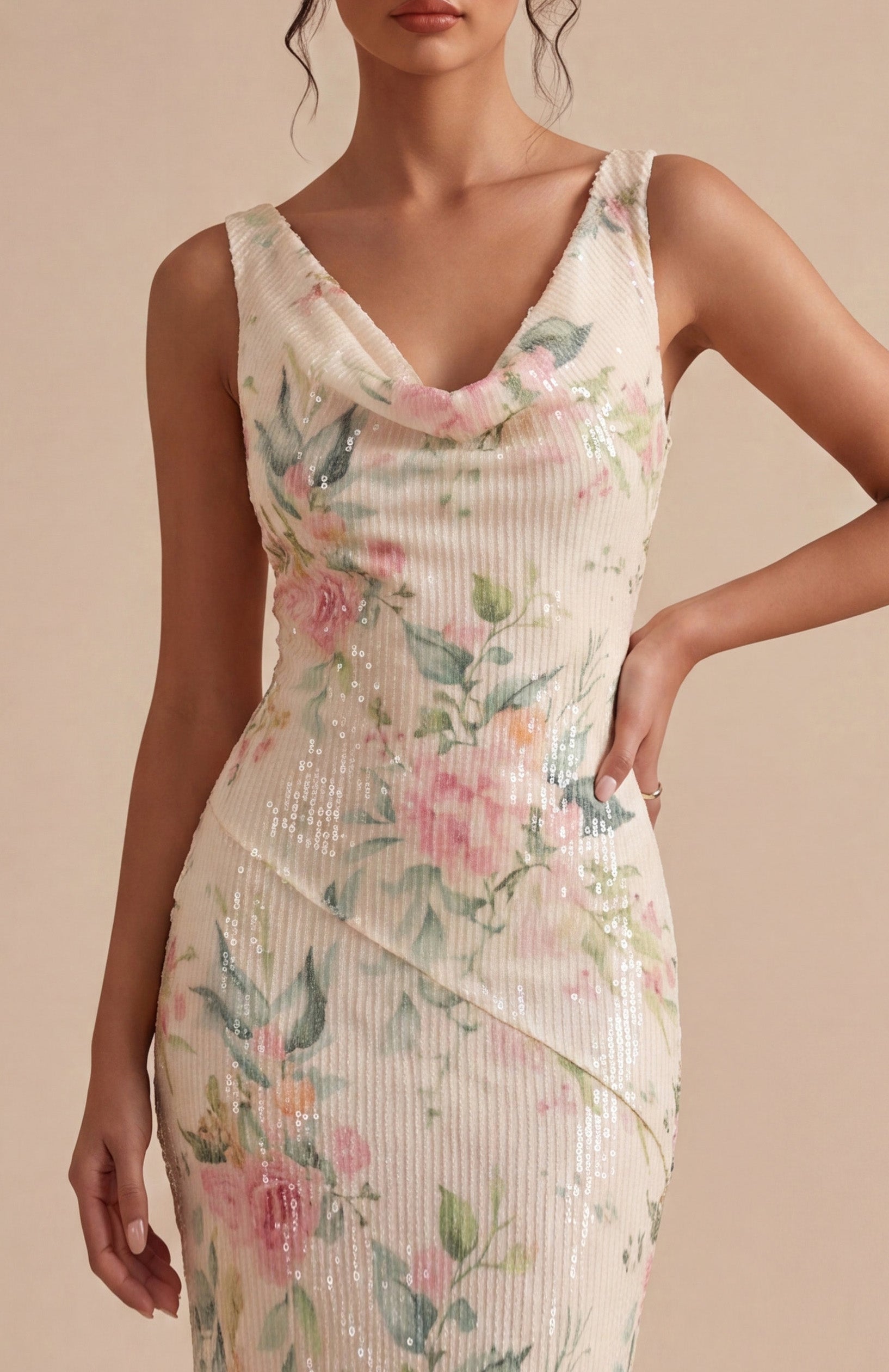 White Pink Flower Sequin Mermaid Long Wedding Guest Dress
