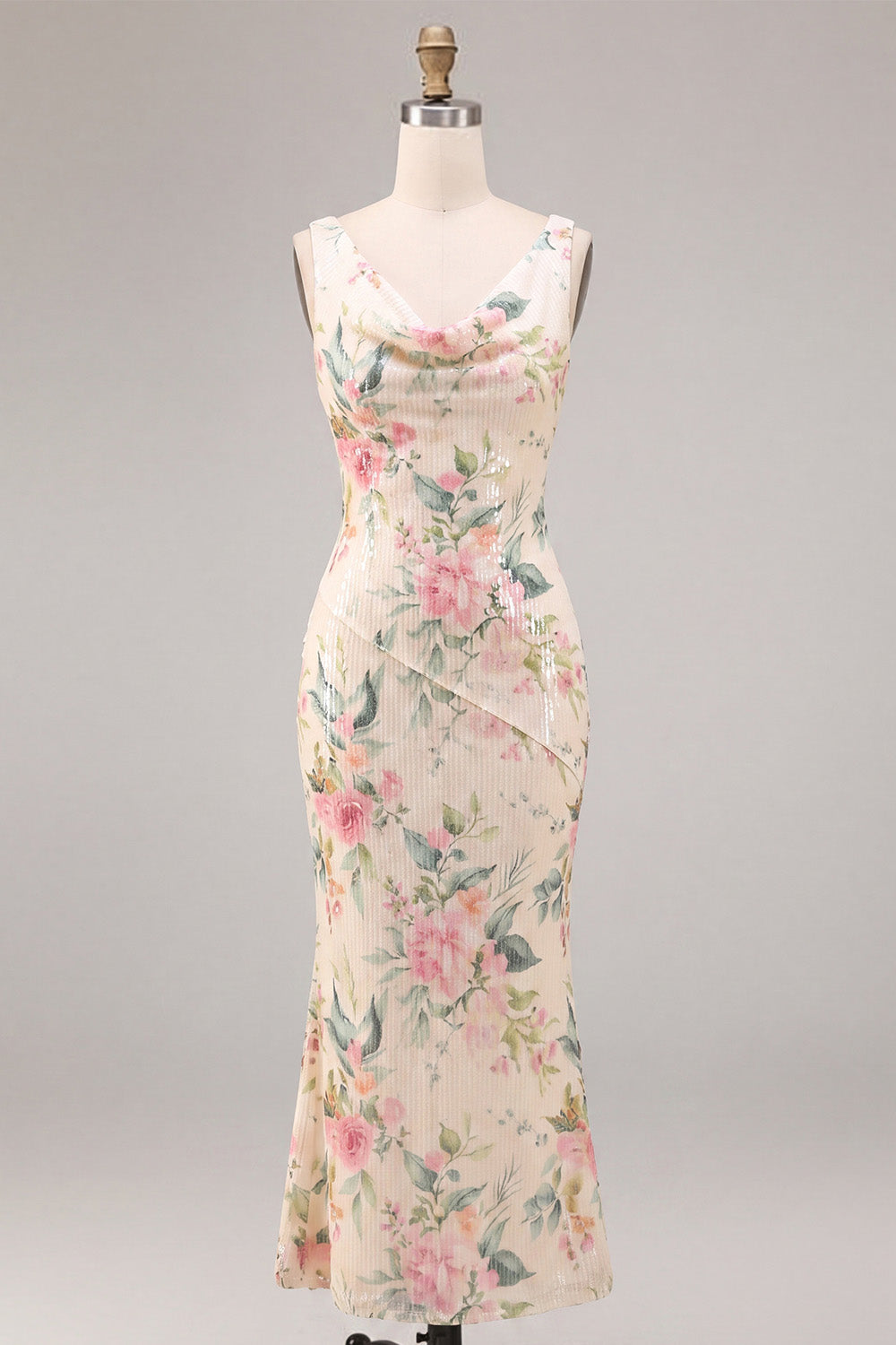 White Pink Flower Sequin Mermaid Long Wedding Guest Dress