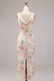 White Pink Flower Sequin Mermaid Long Wedding Guest Dress