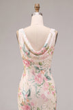 White Pink Flower Sequin Mermaid Long Wedding Guest Dress
