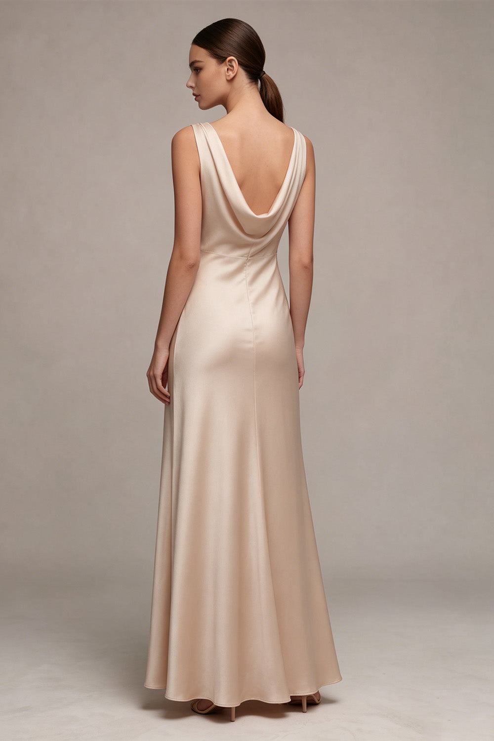 Simple Champagne Satin Cowl Neck Mermaid Long Wedding Guest Dress