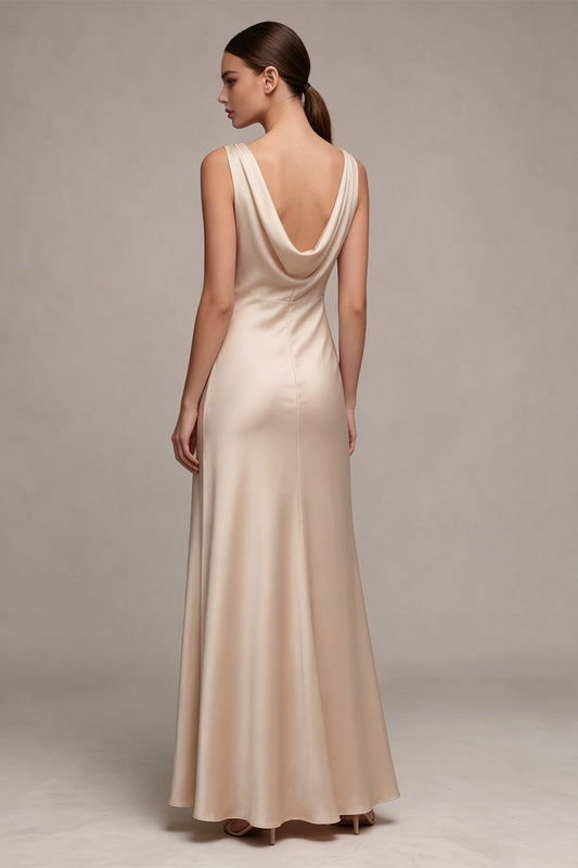 Simple Champagne Satin Cowl Neck Mermaid Long Wedding Guest Dress