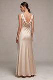 Simple Champagne Satin Cowl Neck Mermaid Long Wedding Guest Dress